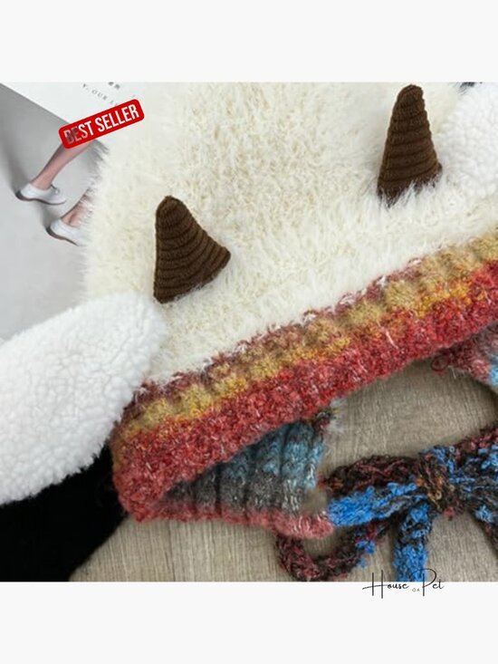 Plush Faux Fur Knitted Animal Hat with Horns Sheep Ears Beanie Ear Flap Winter main image 7